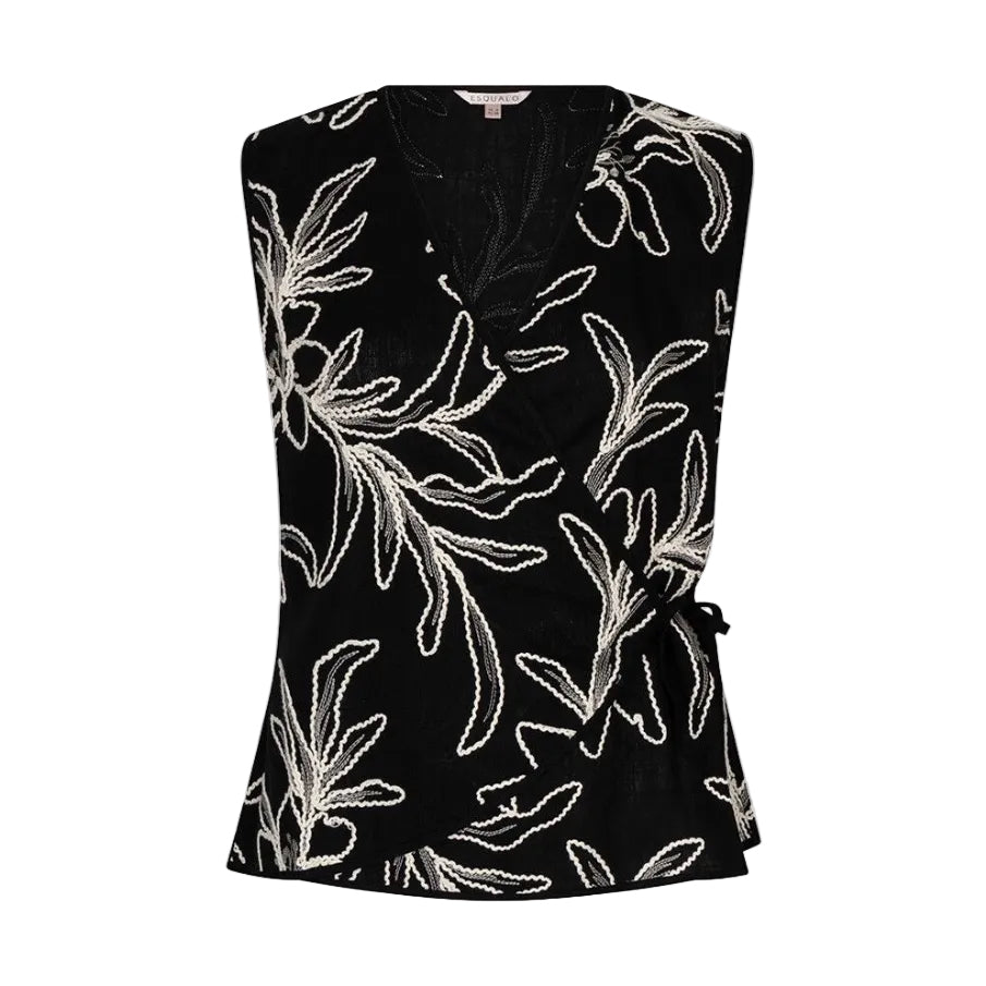 Close-up of the Esqualo Wrap Over Flower Top in Black highlighting the floral detailing and textured viscose-linen fabric