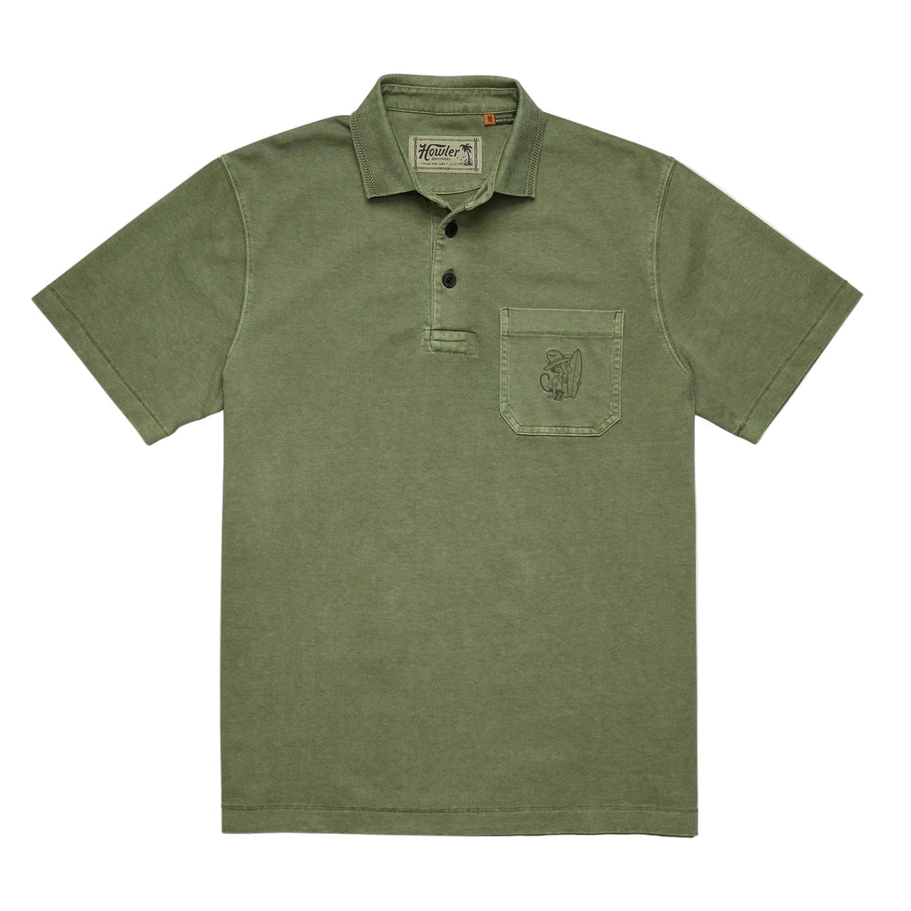 Howler Bros Pilgrimage Polo in Jungle flat lay showing garment-dyed cotton jersey