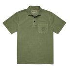 Howler Bros Pilgrimage Polo in Jungle flat lay showing garment-dyed cotton jersey