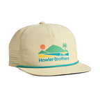 Howler Brothers Aperture Tech Strapback Hat in Bahía de Howler / Stone, front view with colorful landscape graphic