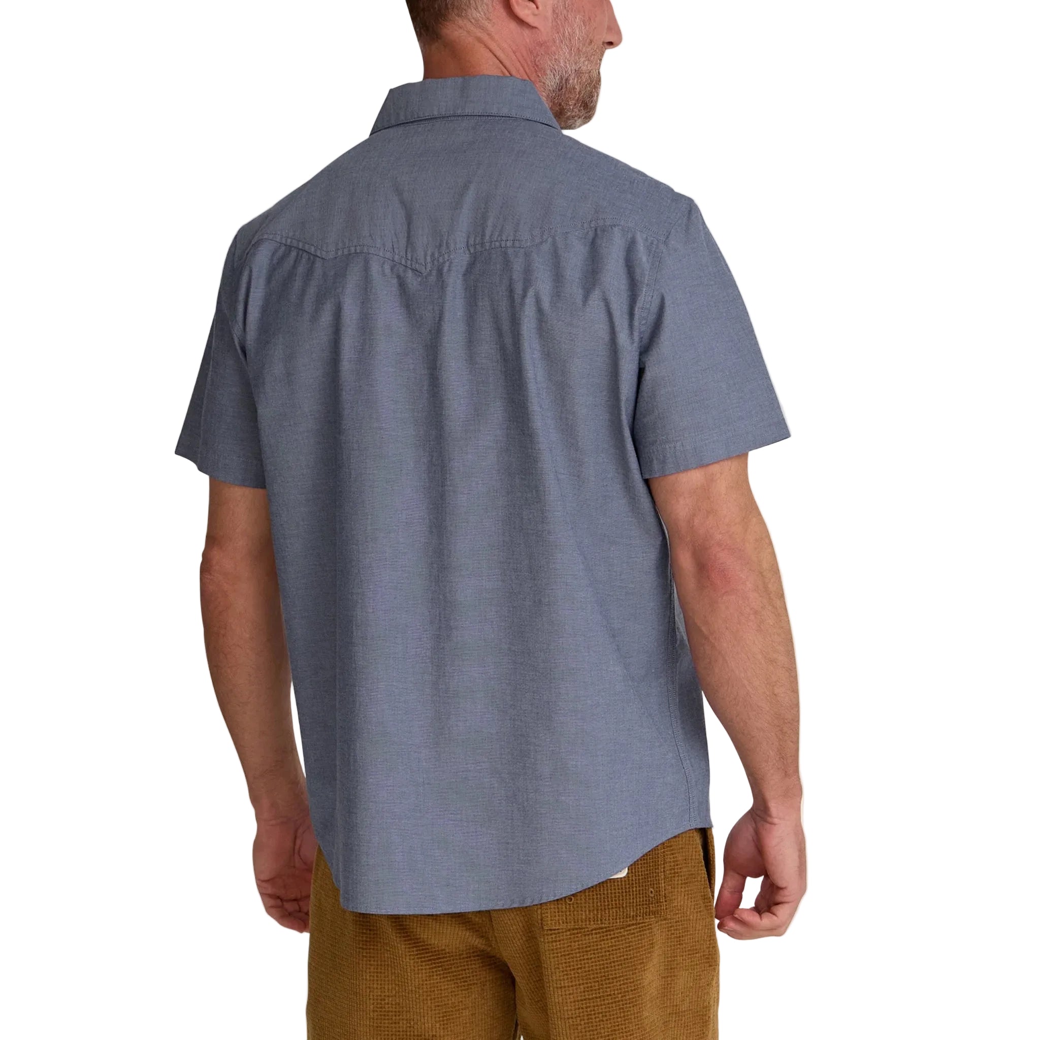 Back view of Howler Brothers Crosscut Deluxe Snapshirt in Noche de Paz Indigo Chambray