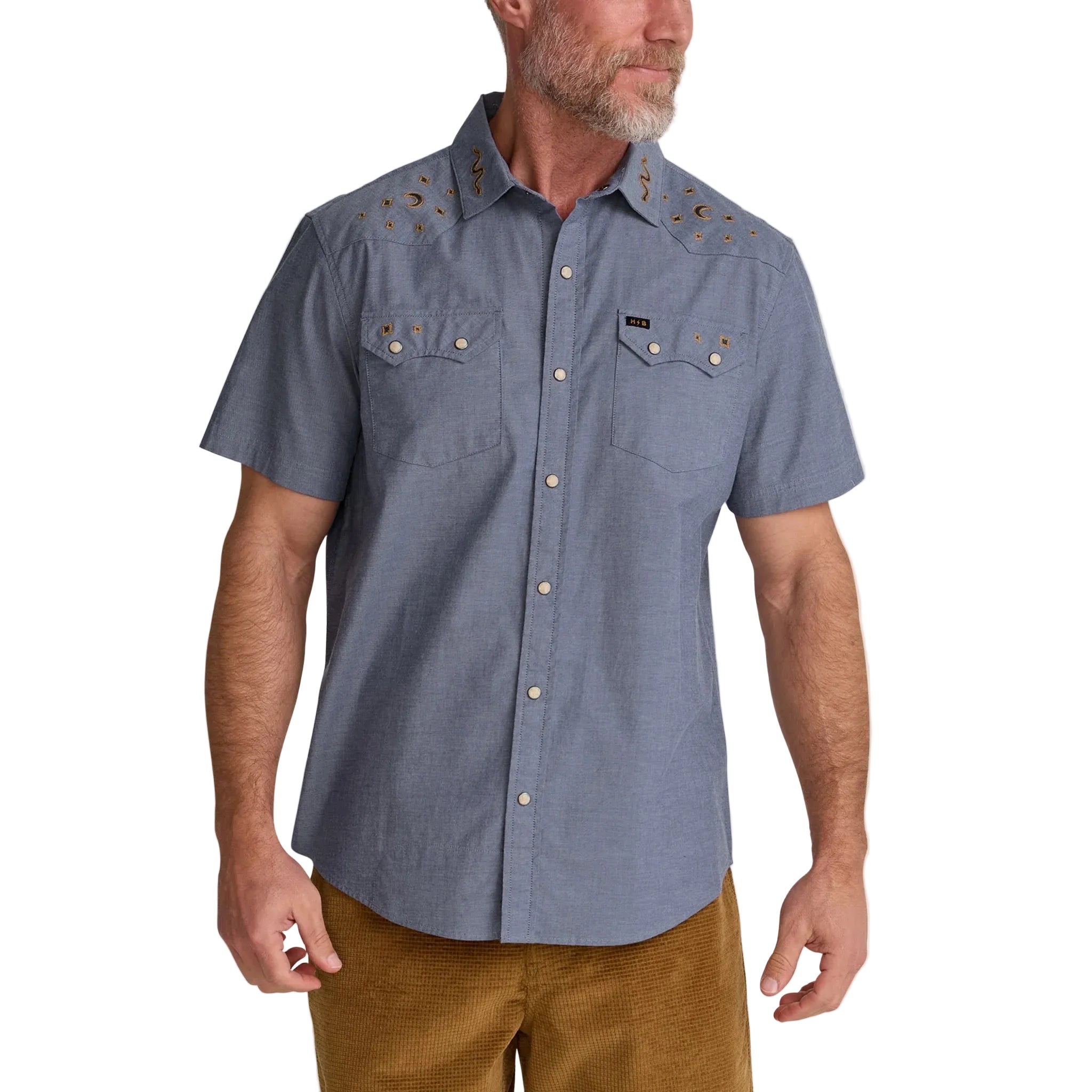 Front view of Howler Brothers Crosscut Deluxe Snapshirt in Noche de Paz Indigo Chambray