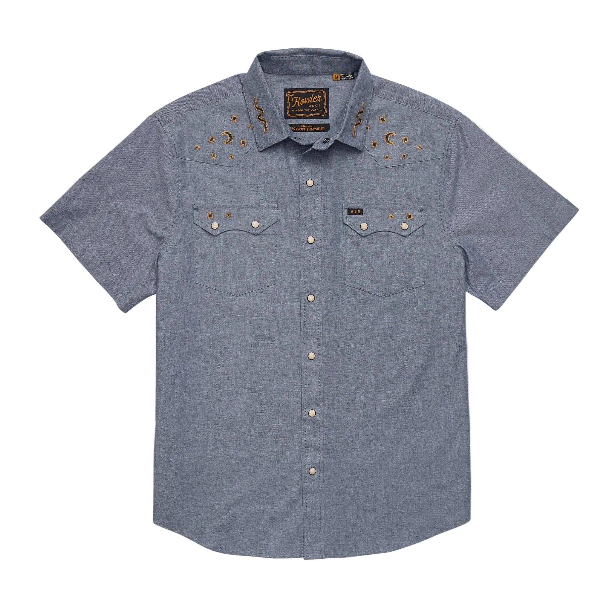 Howler Brothers Crosscut Deluxe Snapshirt in Noche de Paz Indigo Chambray cotton blend front view