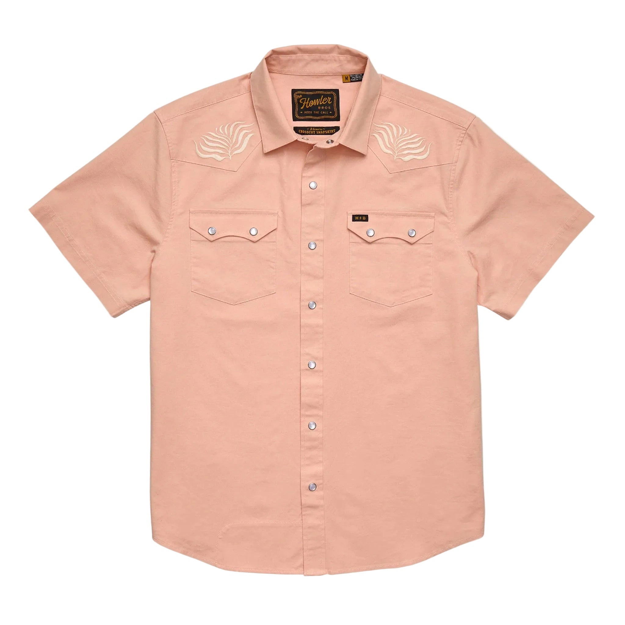 Howler Brothers Crosscut Deluxe Snapshirt in Seagrass Coral Oxford cotton blend front view