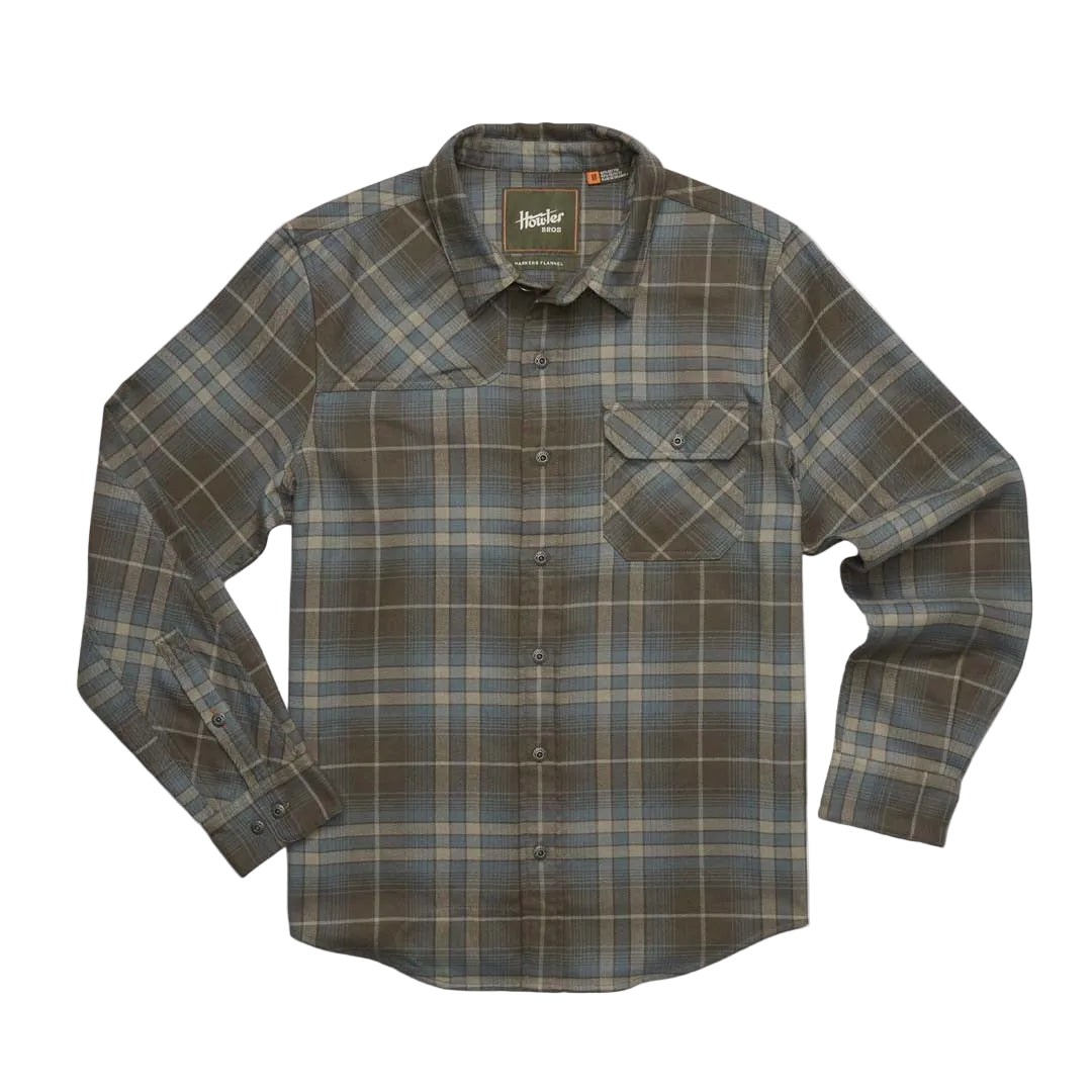 Front view of Howler Brothers Harker’s Flannel in Kempton Plaid: Beluga