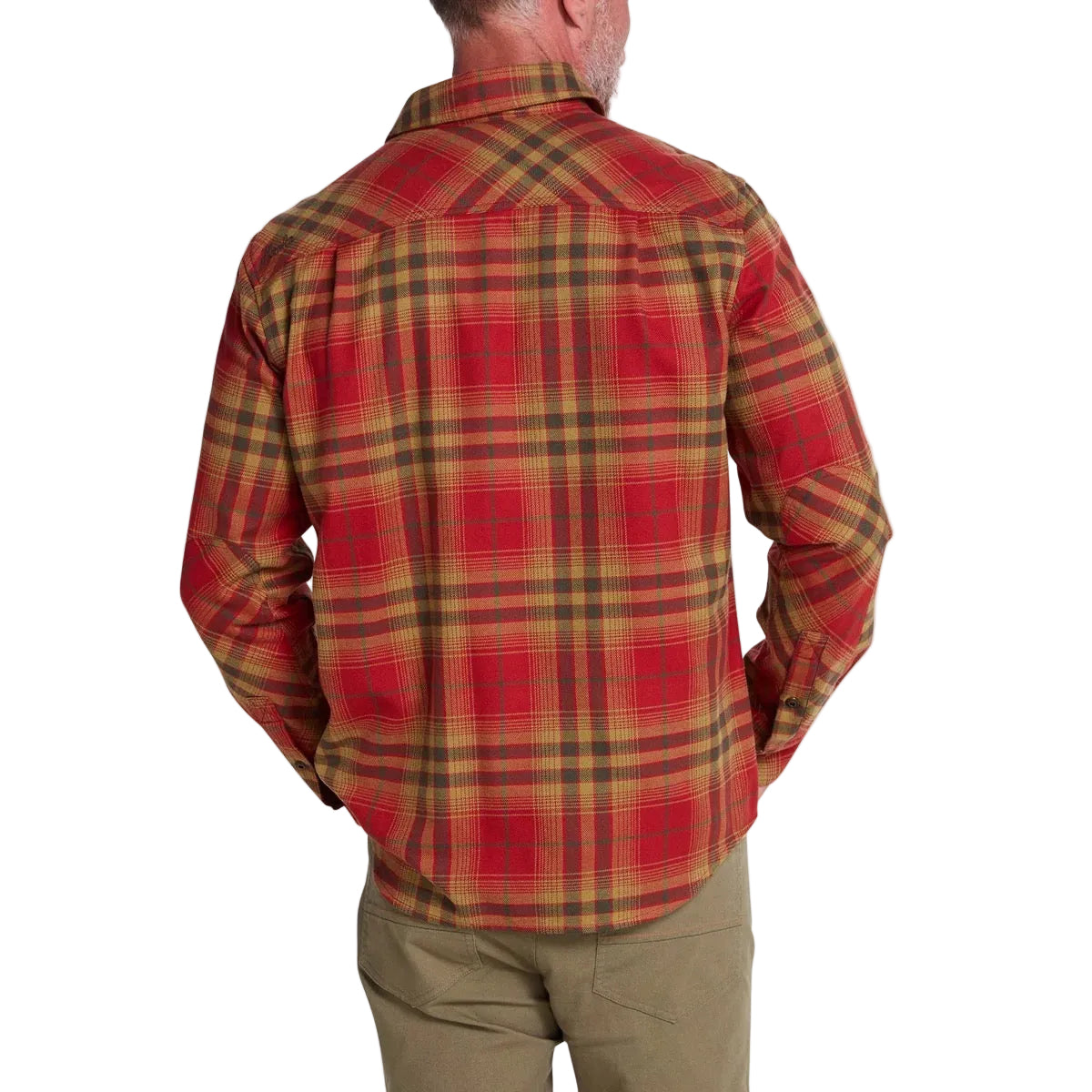 Back view of Howler Brothers Harker’s Flannel in Kempton Plaid: Brick