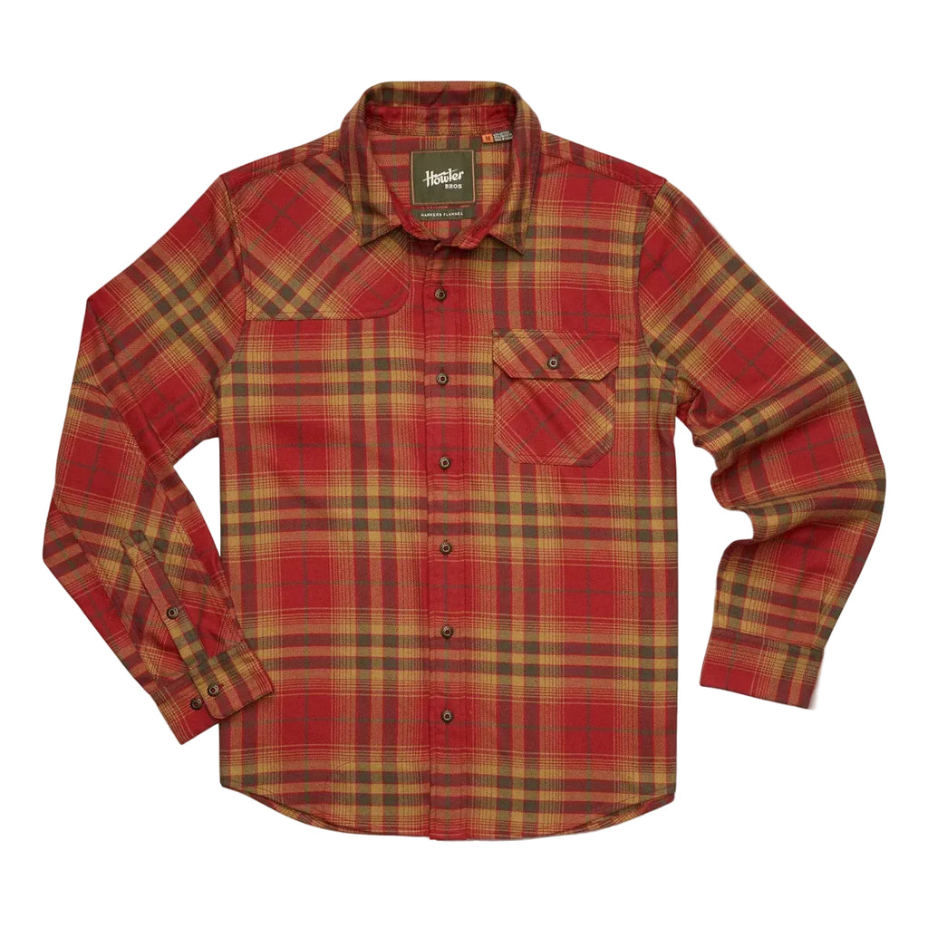 Front view of Howler Brothers Harker’s Flannel in Kempton Plaid: Brick