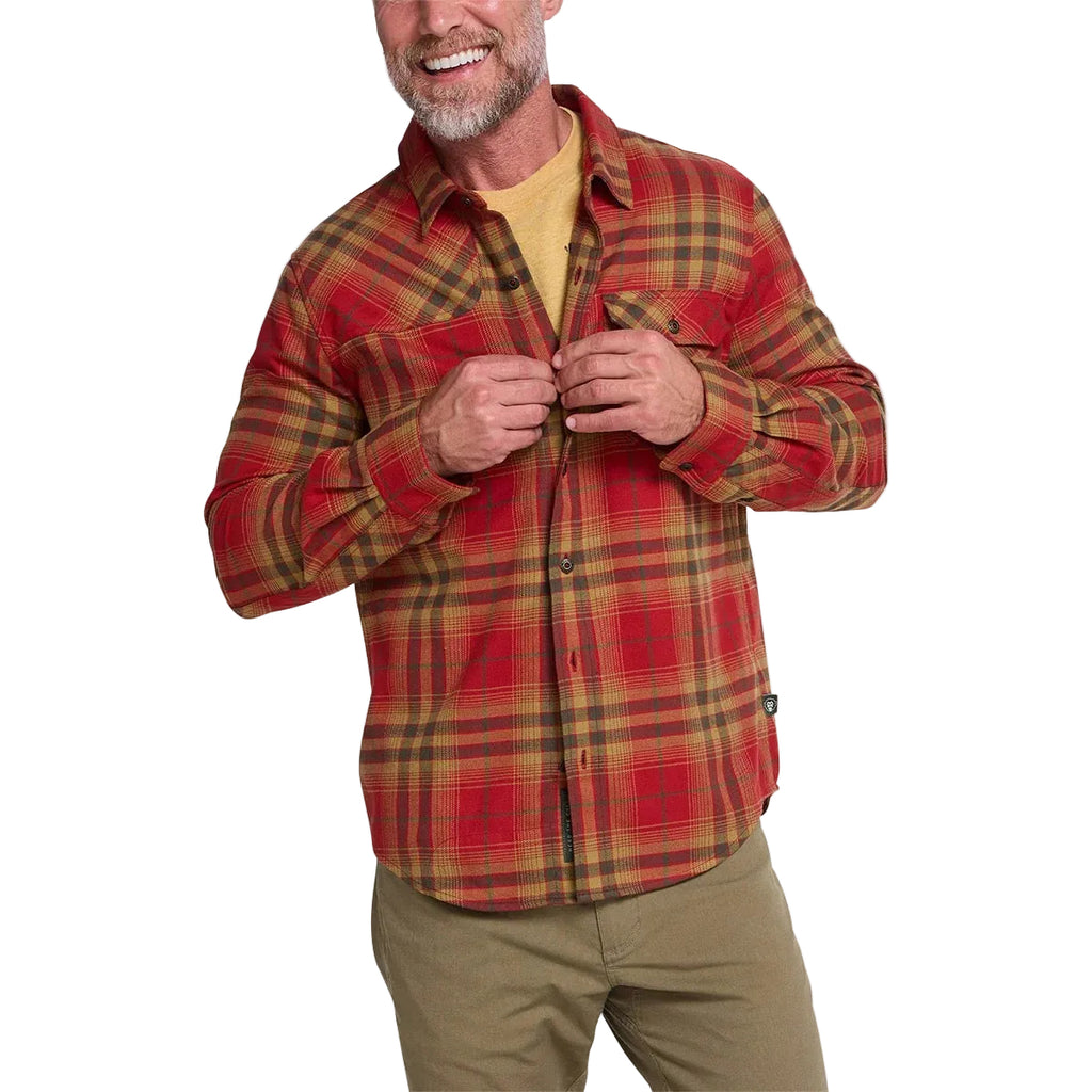 Howler Brothers Harker’s Flannel in Kempton Plaid: Brick worn as a casual cool-weather layer