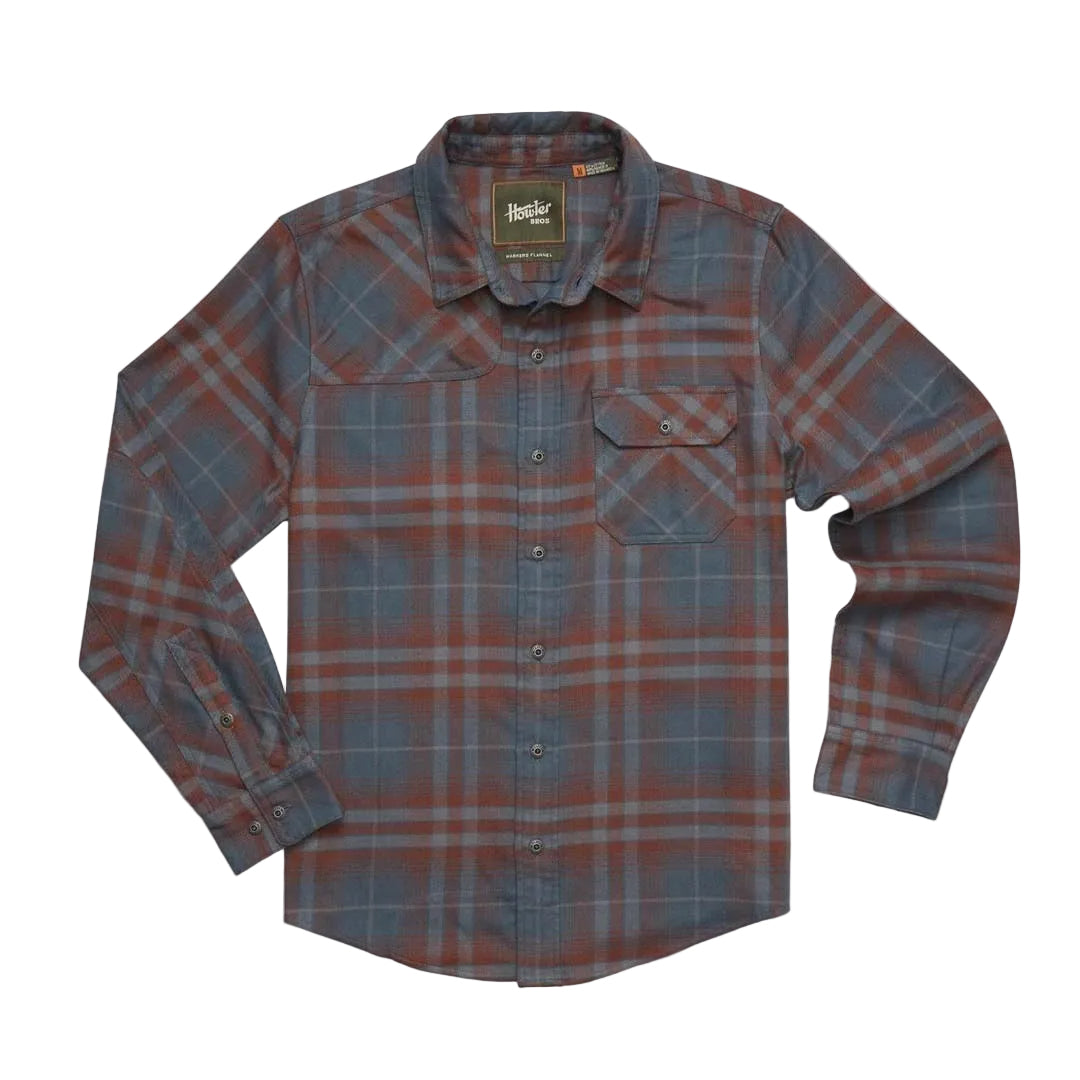 Front view of Howler Brothers Harker’s Flannel in Kempton Plaid: Dark Slate