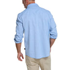 Howler Brothers Men's Crosscut Deluxe Longsleeve in Fanned Flora Faded Blue Oxford back view
