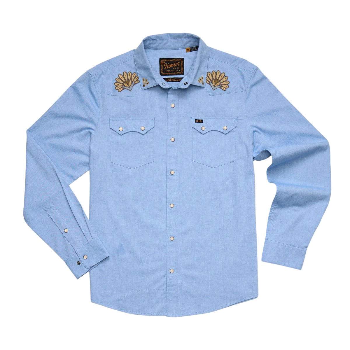 Howler Brothers Men's Crosscut Deluxe Longsleeve in Fanned Flora Faded Blue Oxford front view