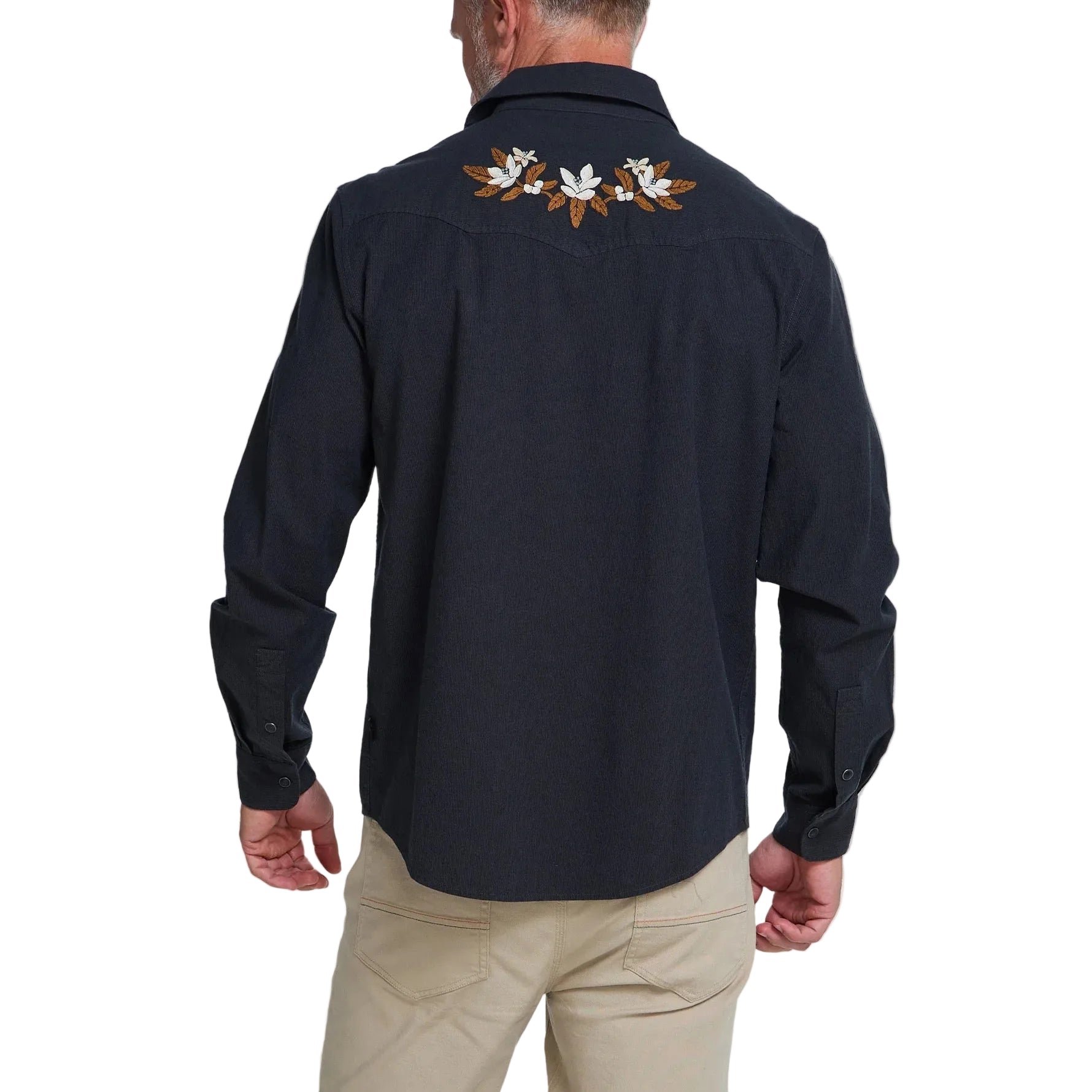 Howler Brothers Men's Crosscut Deluxe Longsleeve in Orange Blossoms Antique Black back view