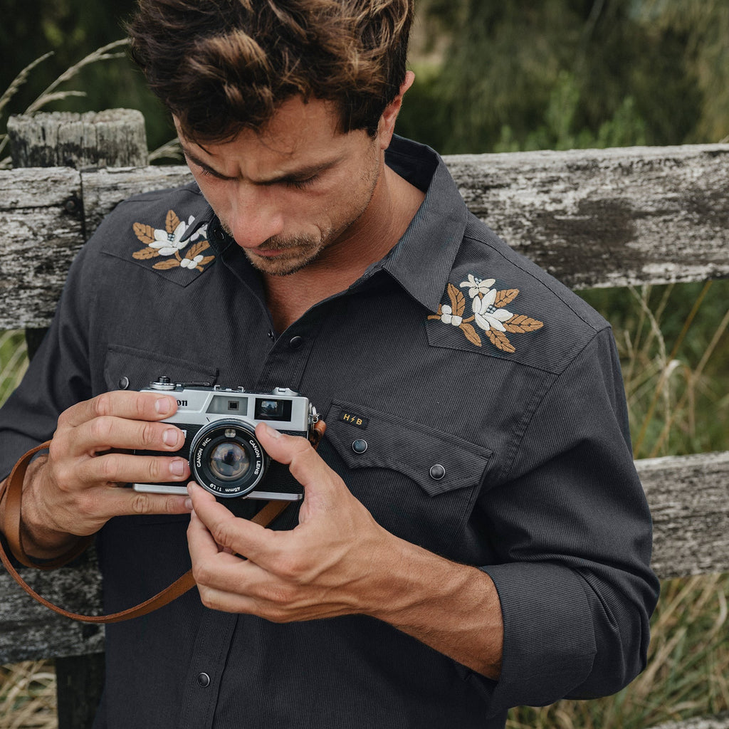 Men's Howler Brothers Crosscut Deluxe Longsleeve in Orange Blossoms Antique Black lifestyle view