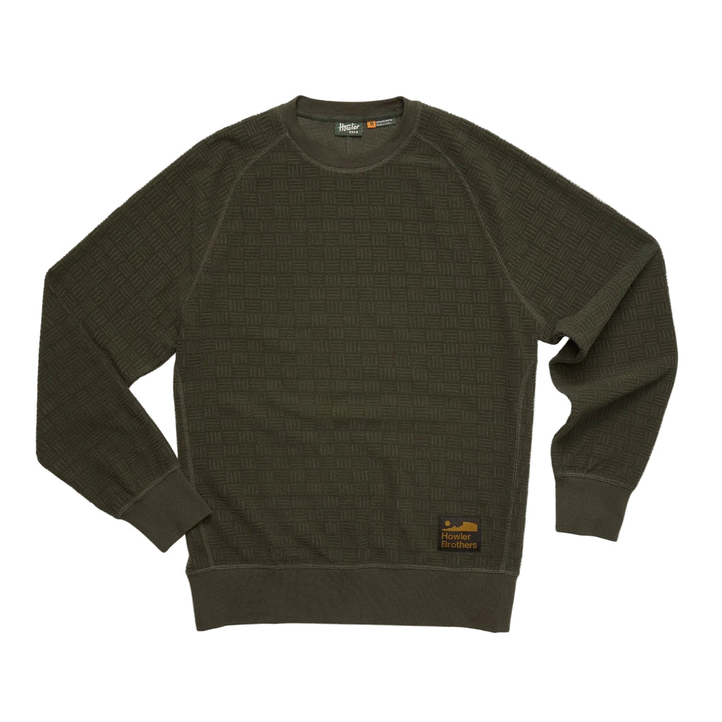 Howler Brothers Men's Eleos Fleece Crewneck in Grids Army flat lay