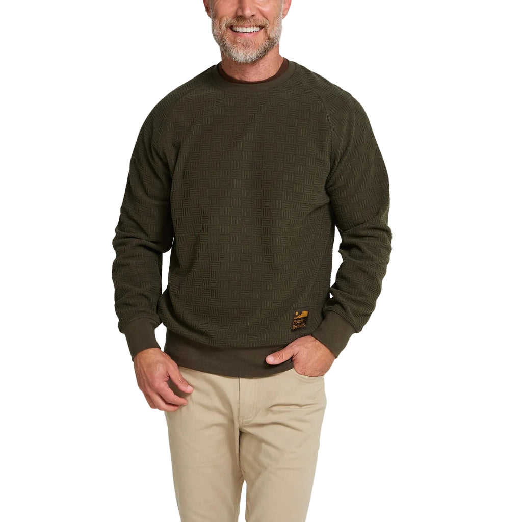 Howler Brothers Men's Eleos Fleece Crewneck in Grids Army front view