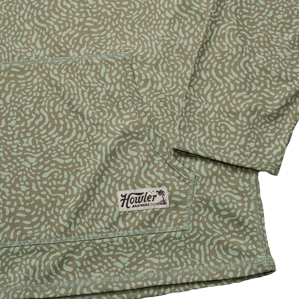 Howler Brothers Men's Loggerhead Hoodie in Pond Patterns / Mermaid, detail of full-coverage hood