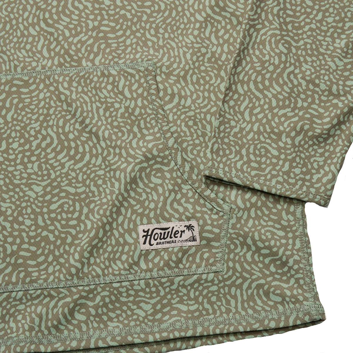 Howler Brothers Men's Loggerhead Hoodie in Pond Patterns / Mermaid, detail of full-coverage hood