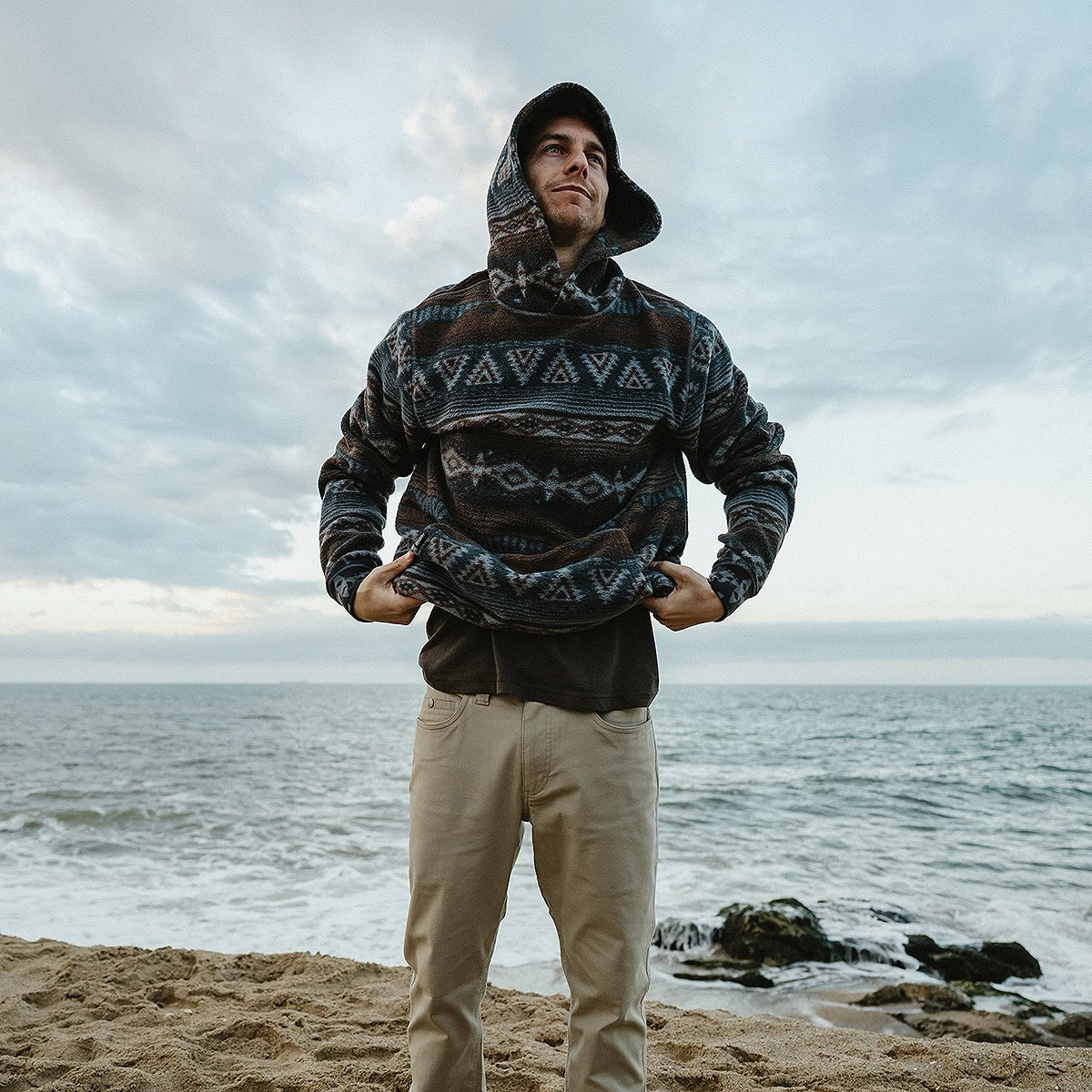 Men's Howler Brothers Tajima Hoodie in Canyon Codes Winter Sky lifestyle view