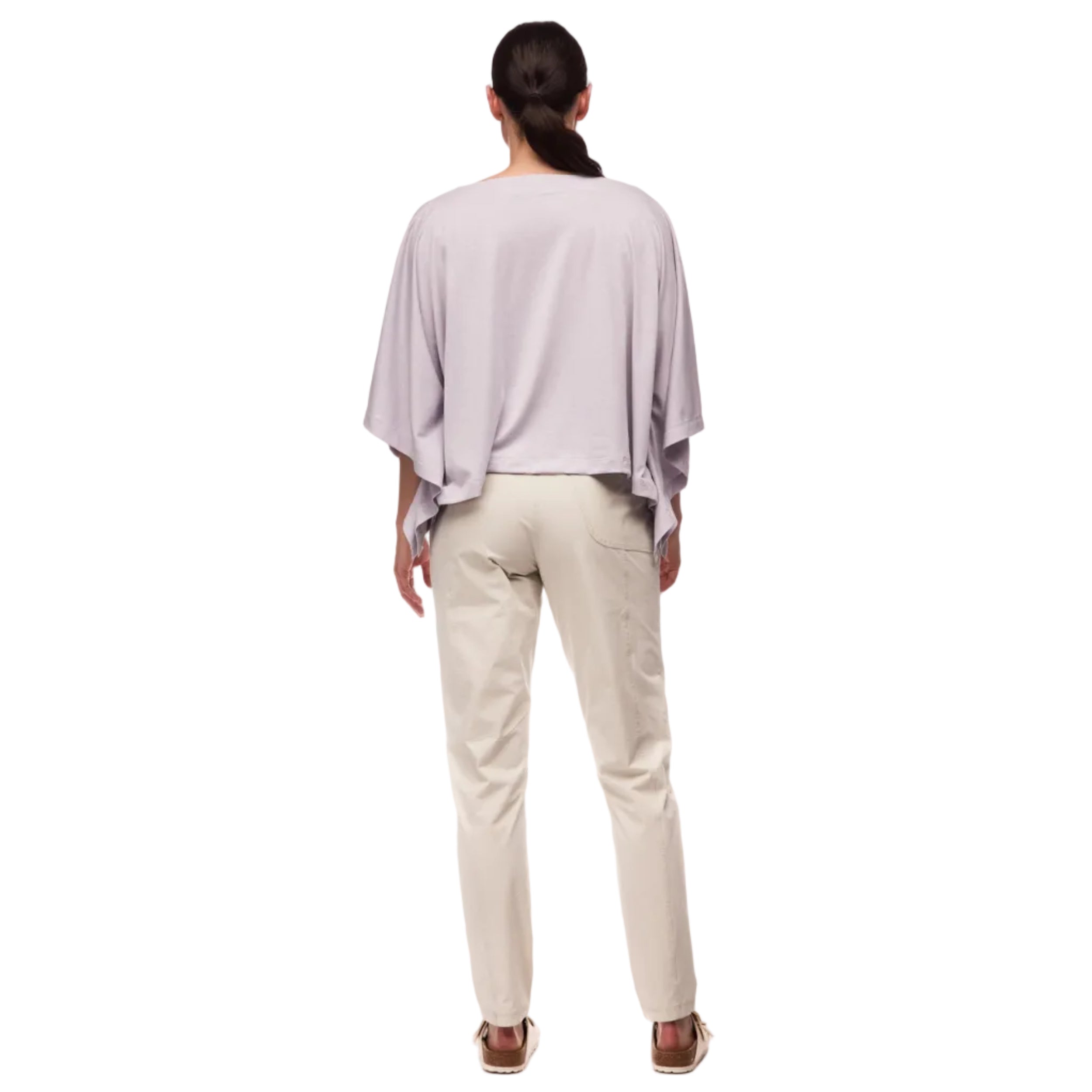 Back view of the Indyeva Nuvem Short Sleeve Top in Haze showing the relaxed silhouette, drop shoulders, and flowy design.