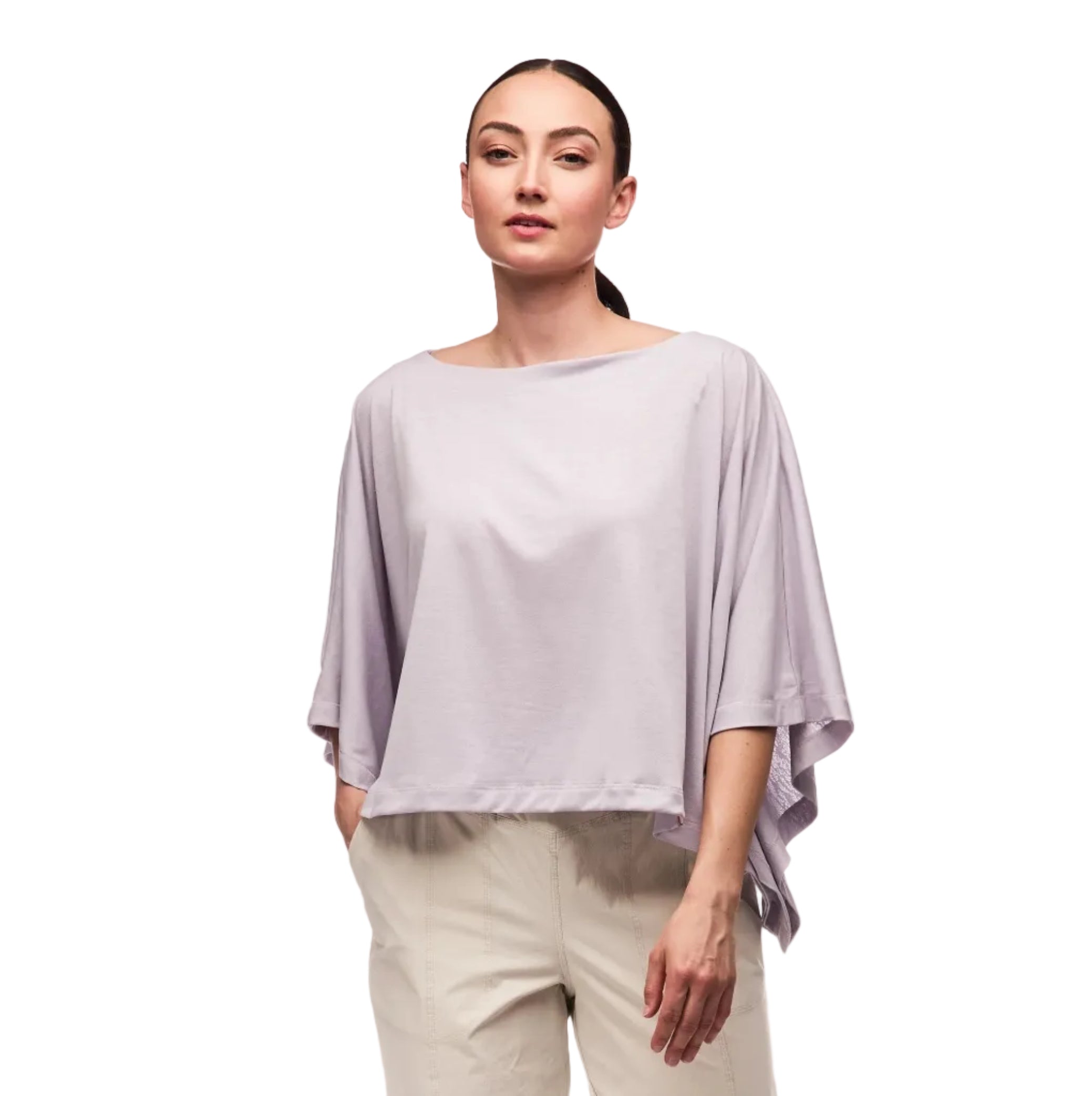 Indyeva Nuvem Short Sleeve Top in Haze featuring a relaxed drapey fit, boat neckline, elbow-length sleeves, and lightweight performance fabric.