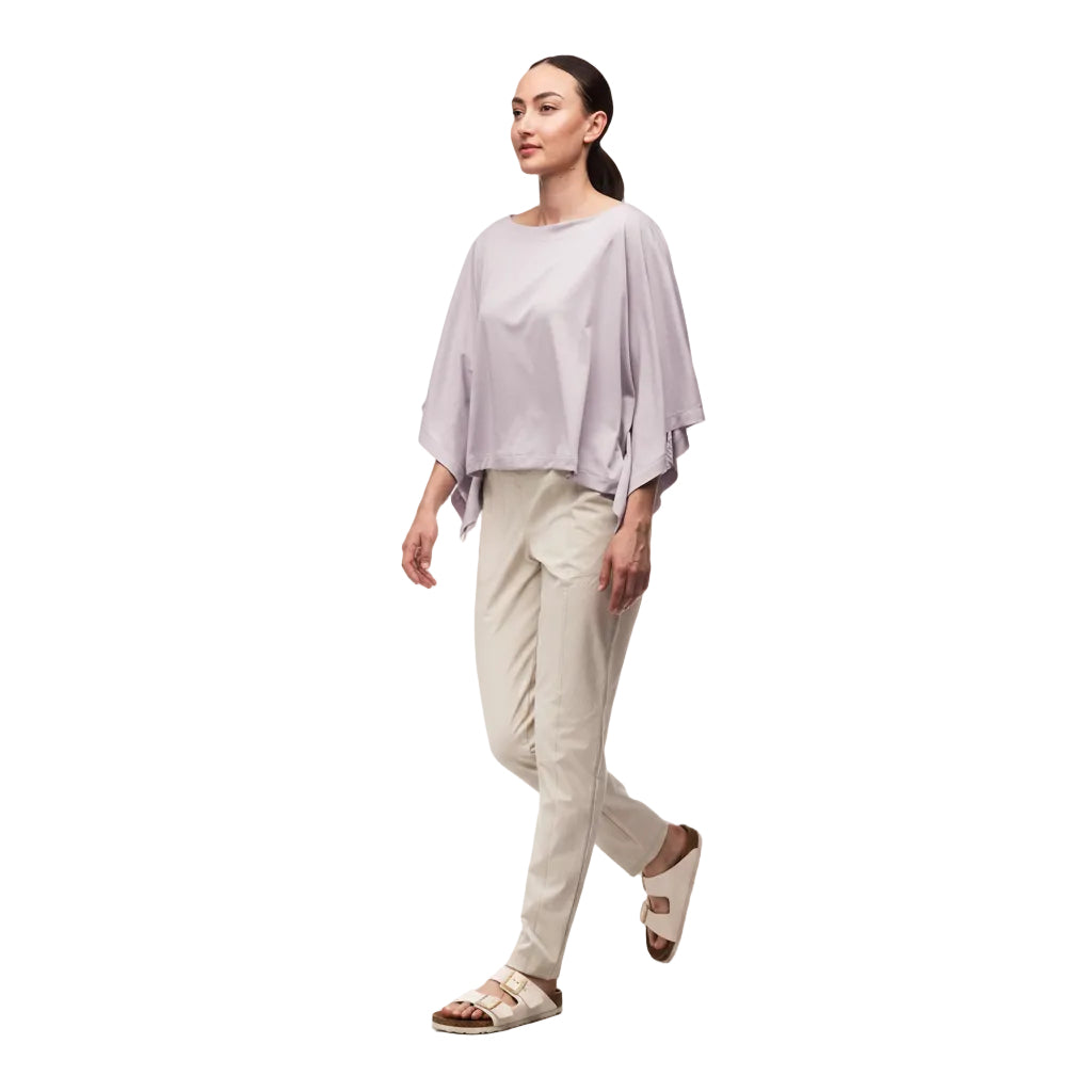 Side view of the Indyeva Nuvem Short Sleeve Top in Haze highlighting the draped fit, boat neckline, and comfortable everyday styling.