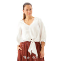 Karen Kane Blouson Sleeve Linen Tie-Front Top Off White front view