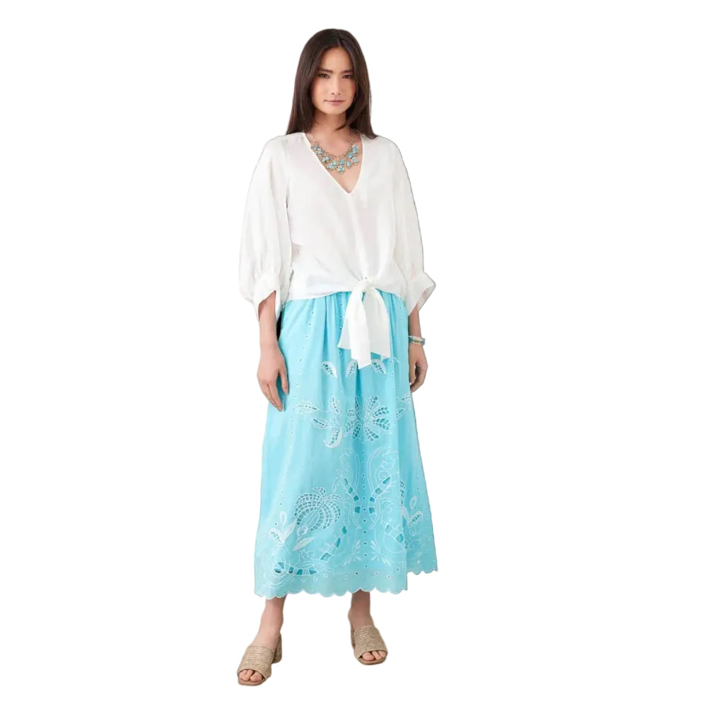 Karen Kane Blouson Sleeve Linen Tie-Front Top Off White lifestyle view