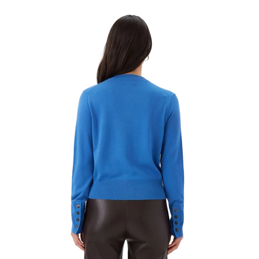 Back view of Karen Kane Button-Up Cardigan Sweater in blue