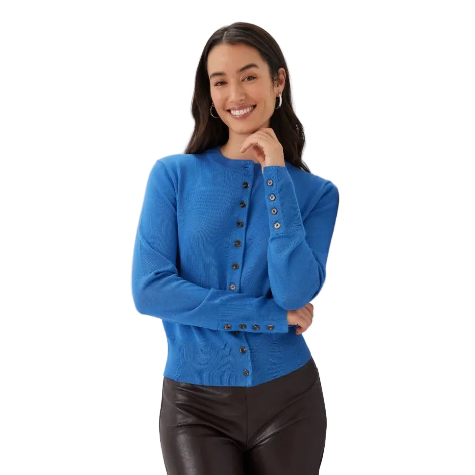Karen Kane Button-Up Cardigan Sweater in blue, front view