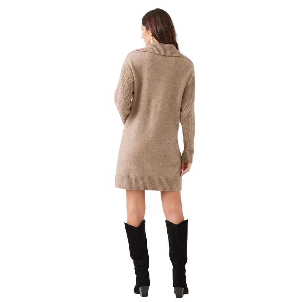 Back view of Karen Kane Cable Knit Sweater Dress in wheat showing smooth knit back and ribbed hem