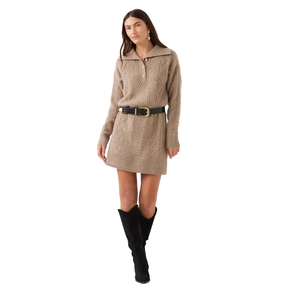 Karen Kane Cable Knit Sweater Dress in wheat styled with a black belt and tall boots