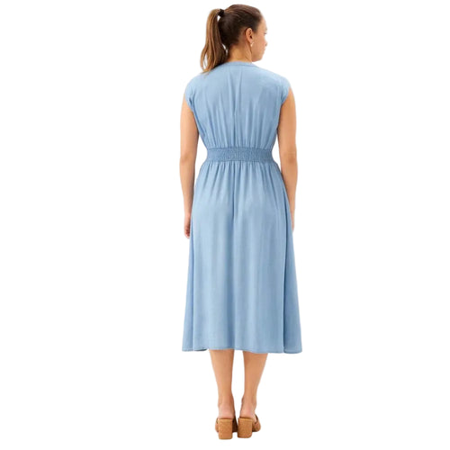 Karen Kane Cap Sleeve Smocked Waist Button Up Midi Dress in chambray back view