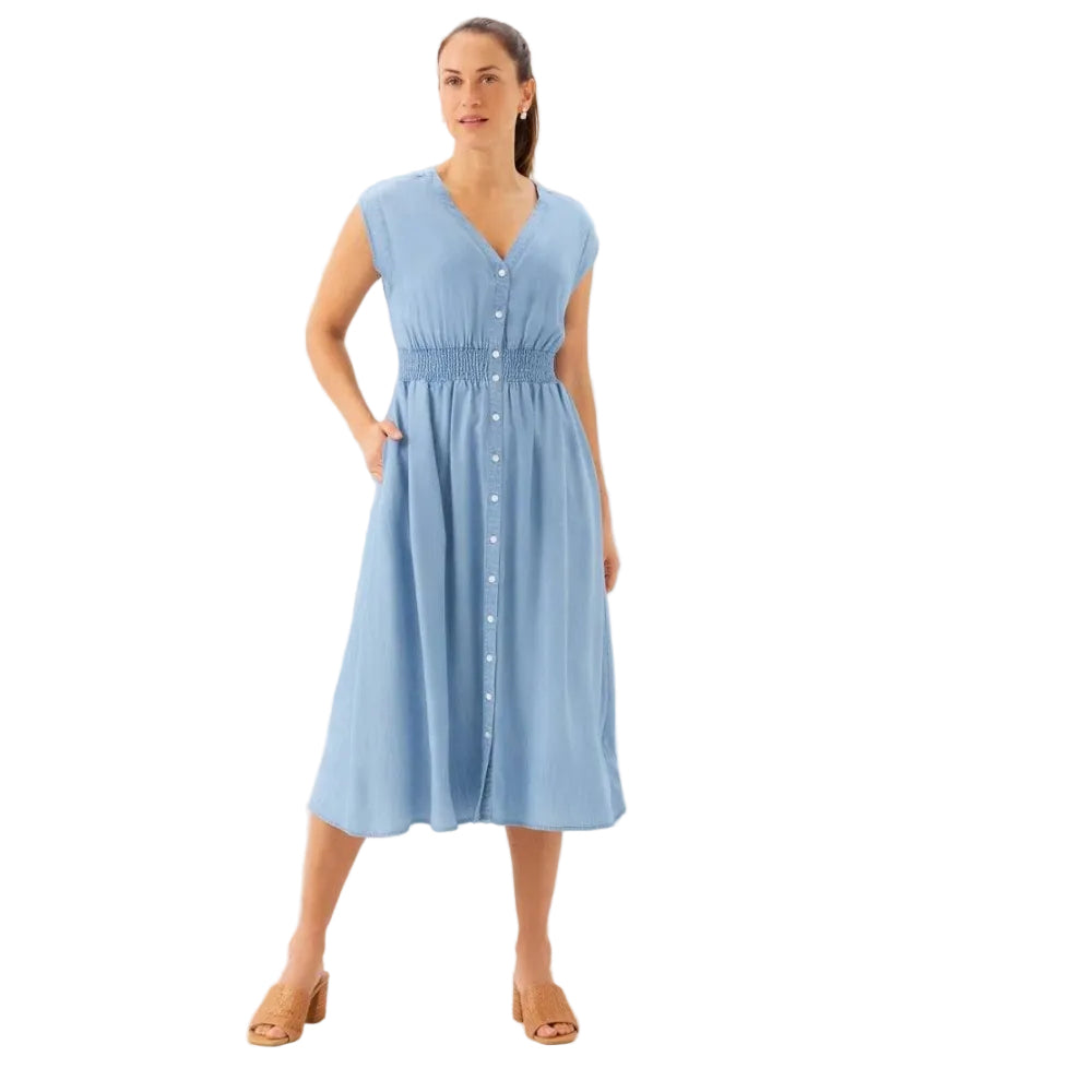 Karen Kane Cap Sleeve Smocked Waist Button Up Midi Dress in chambray front view