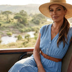Model wearing Karen Kane Cap Sleeve Smocked Waist Button Up Midi Dress in chambray