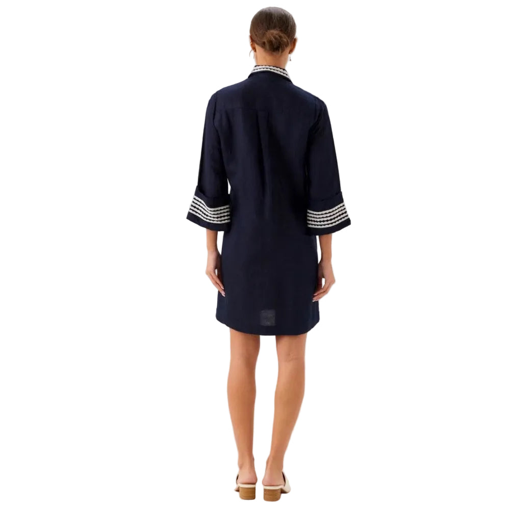Karen Kane Cuffed Sleeve Embroidered Dress in navy back view
