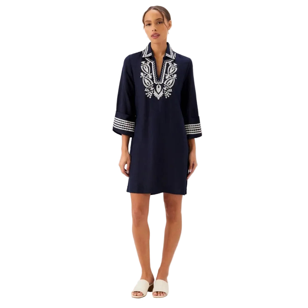 Karen Kane Cuffed Sleeve Embroidered Dress in navy front view