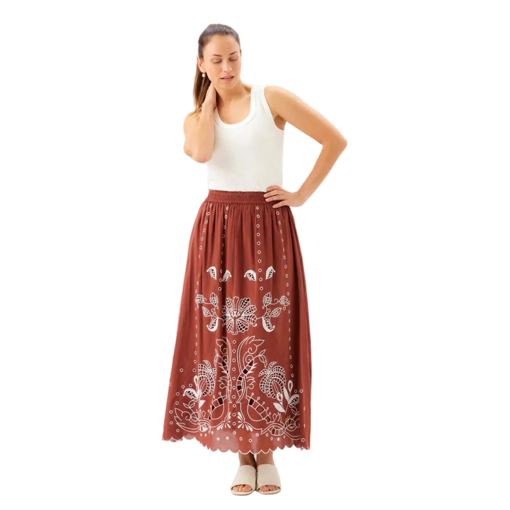 Model showing the intricate cut-out embroidery and cotton voile fabric texture.