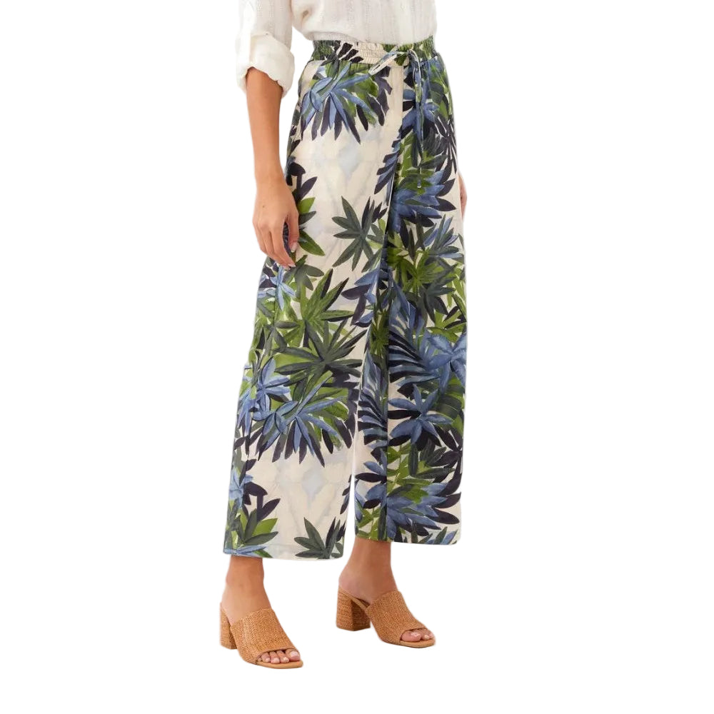 Karen Kane Drawstring Ankle Pant in Island Palms print front view