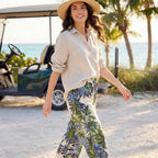 Model wearing Karen Kane Drawstring Ankle Pant in Island Palms print with linen top
