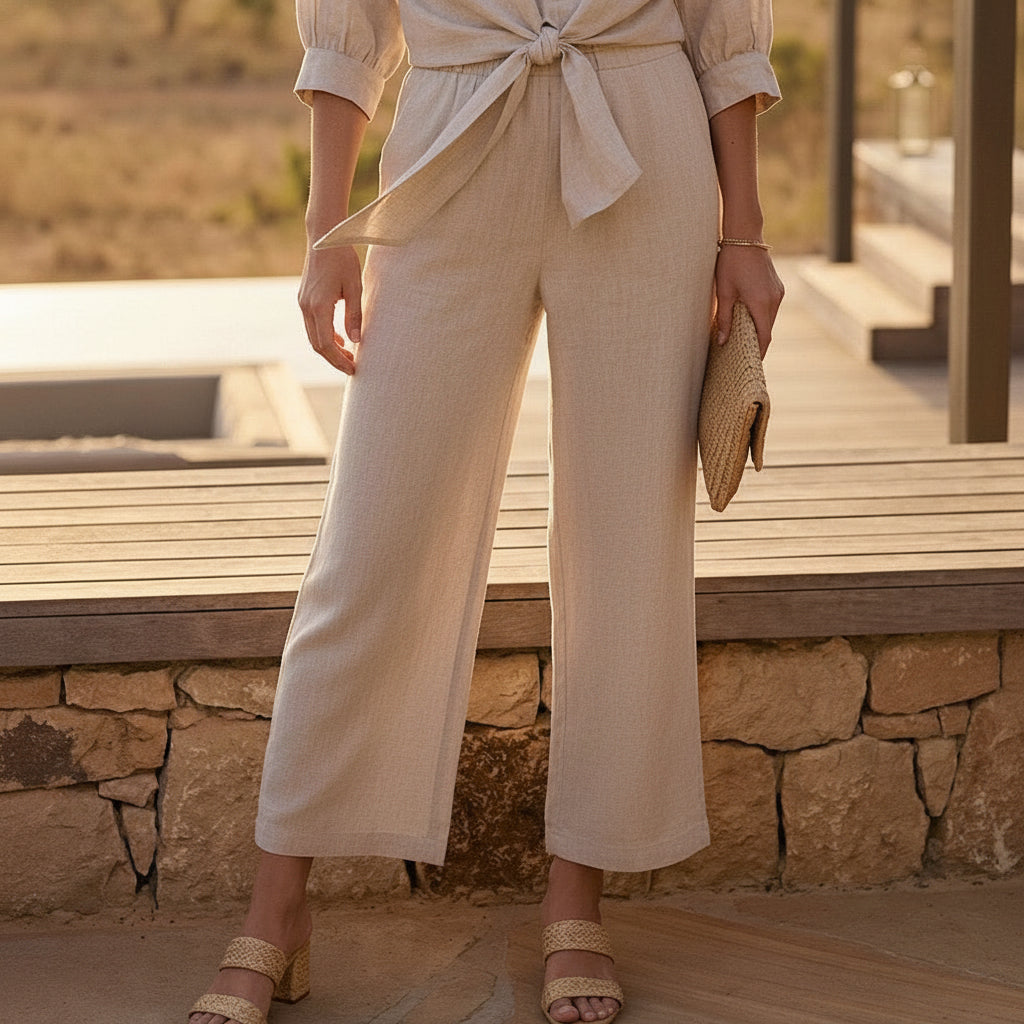 Karen Kane Drawstring Linen Pant Oatmeal lifestyle view