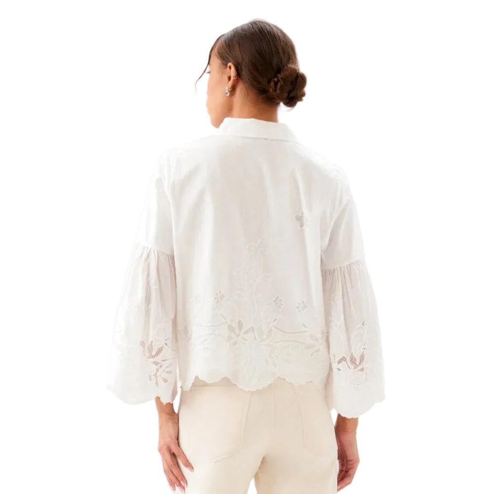 Karen Kane Embroidered Bell Sleeve Button Front Blouse in off white back view