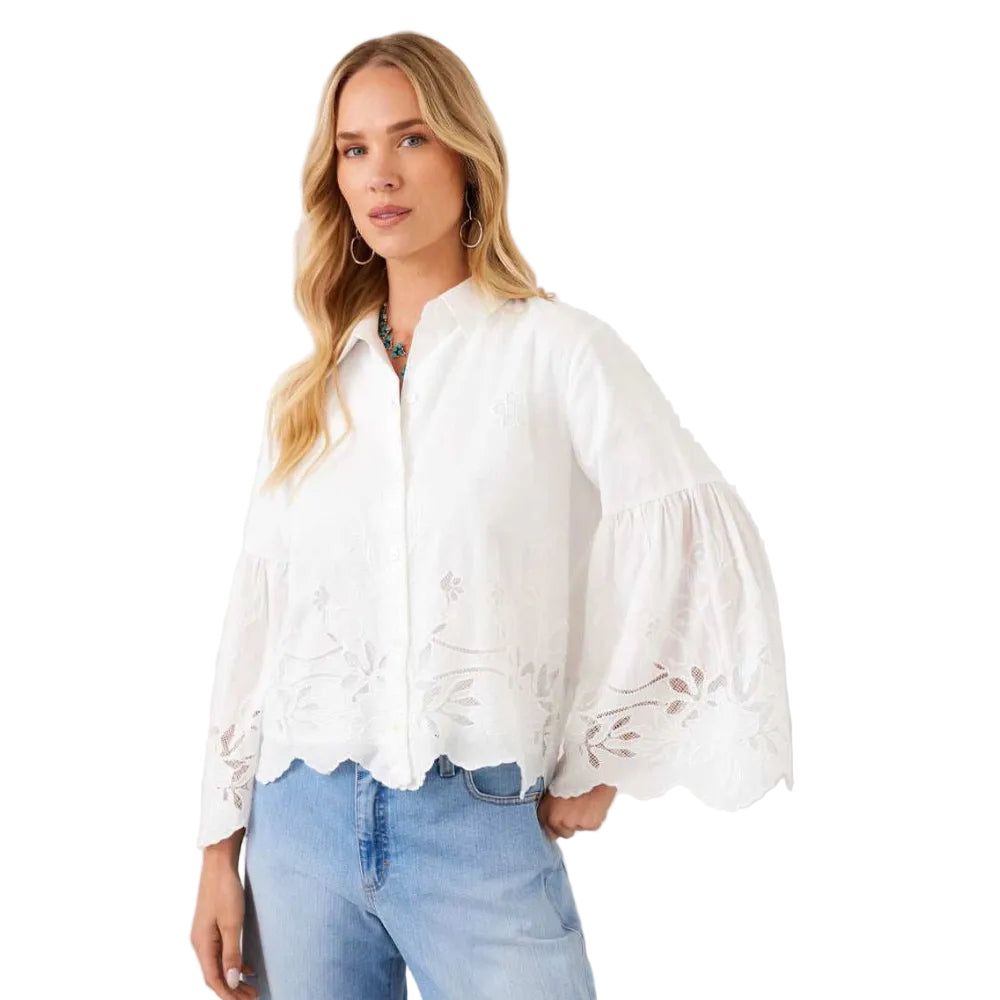 Karen Kane Embroidered Bell Sleeve Button Front Blouse in off white front view