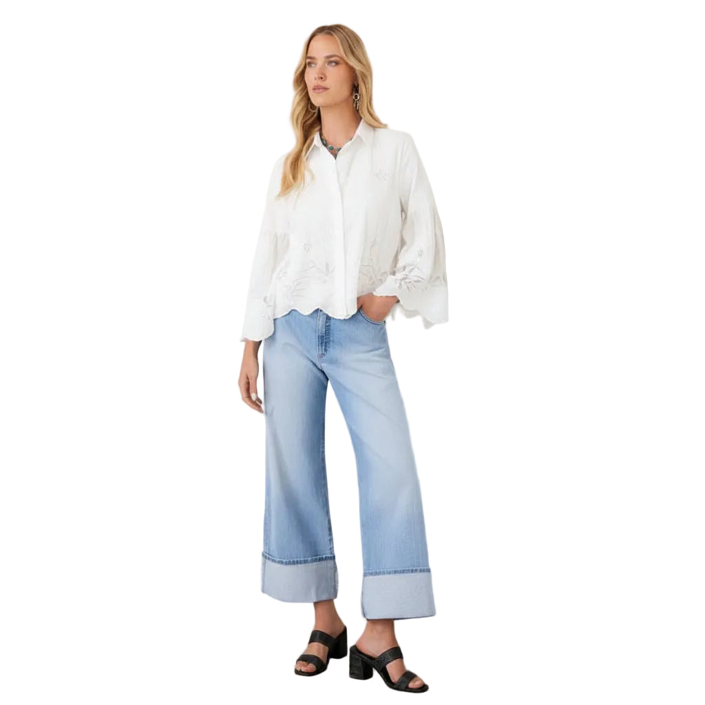 Full-body view of Karen Kane off-white embroidered button-front blouse