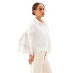 Karen Kane Embroidered Bell Sleeve Button Front Blouse in off white side view
