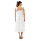Back view of the Karen Kane Embroidered Cut-Out Sundress highlighting the fitted bodice and elegant embroidered fabric.