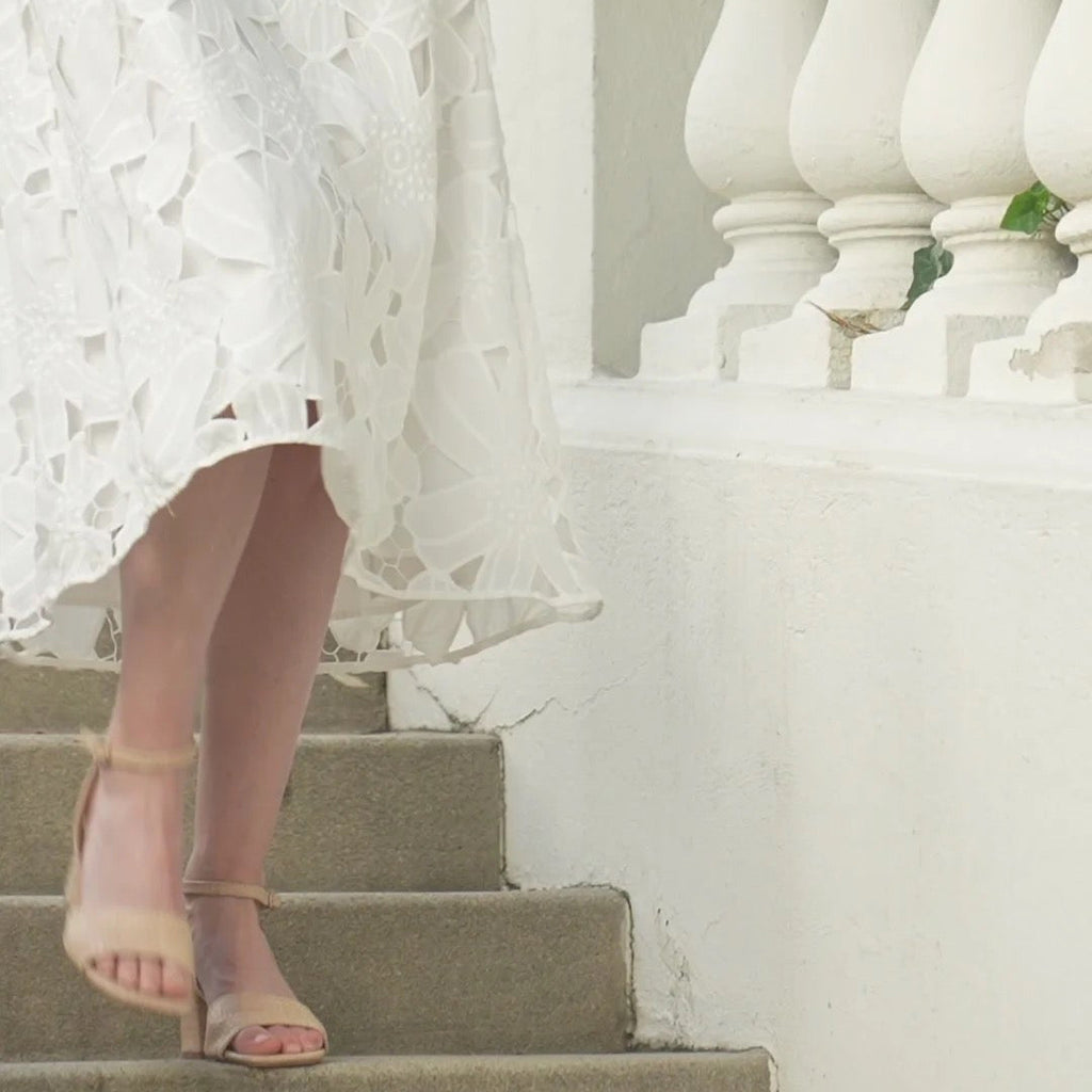 Close-up of the floral eyelet embroidery and cut-out details that add texture and dimension to this feminine sundress.