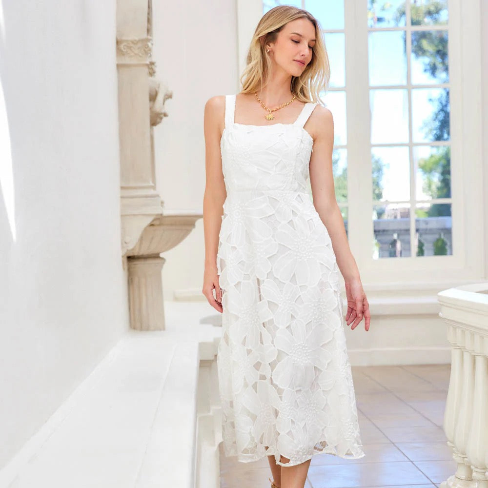 Full-length view of the Karen Kane Embroidered Cut-Out Sundress showing the flowing midi skirt and flattering silhouette.