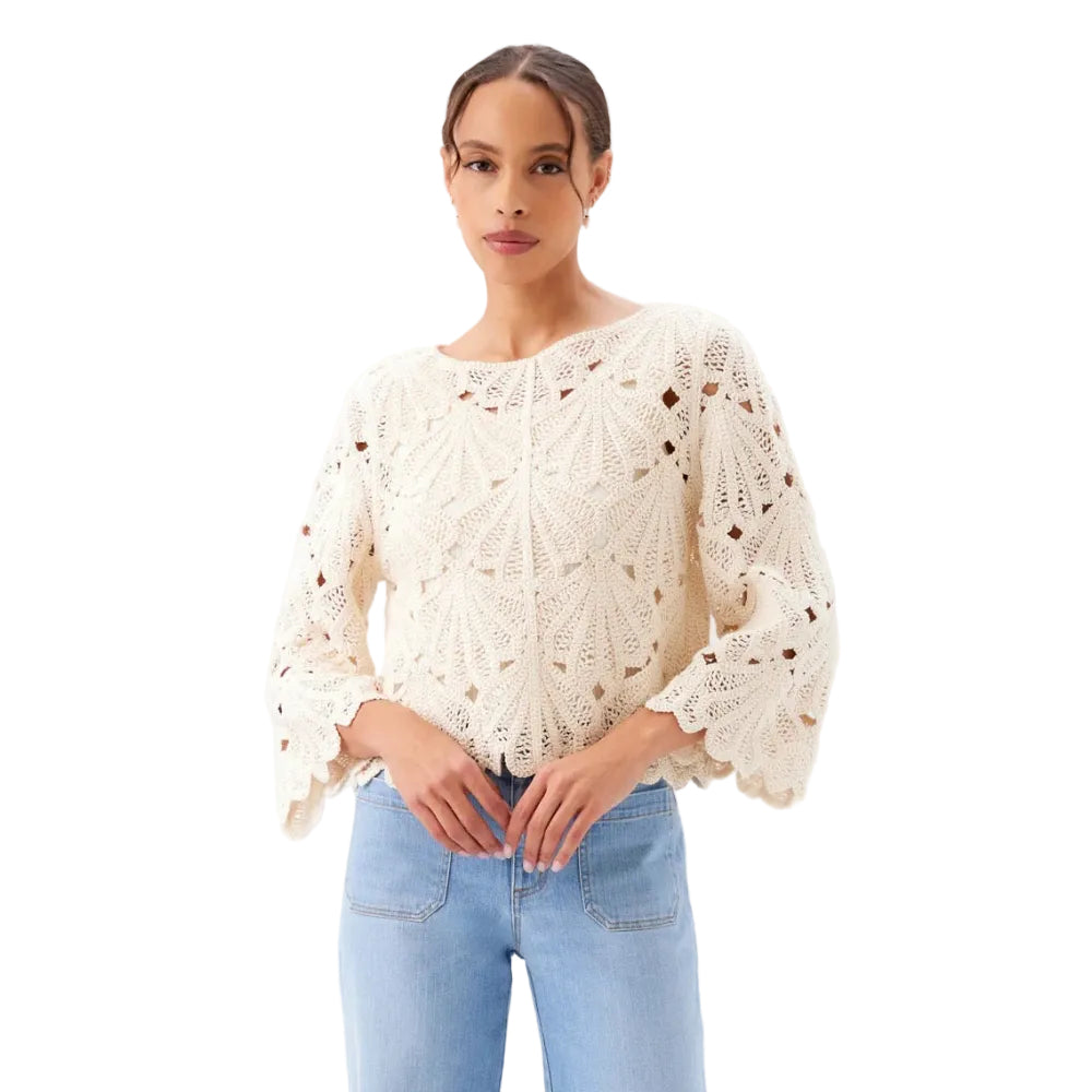 Karen Kane Flare Sleeve Crochet Top Natural front view