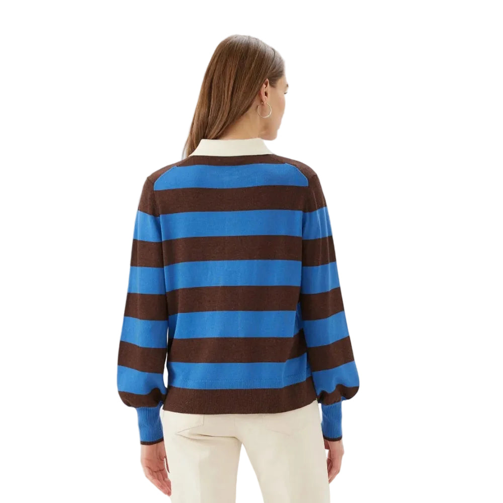 Back view of Karen Kane Game Day Collared Stripe Sweater in chocolate and sky