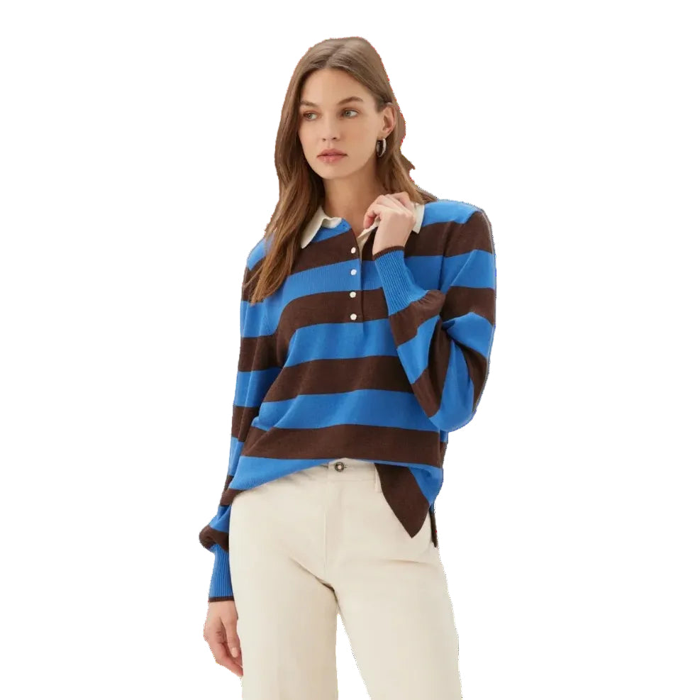 Karen Kane Game Day Collared Stripe Sweater in chocolate and sky, front view